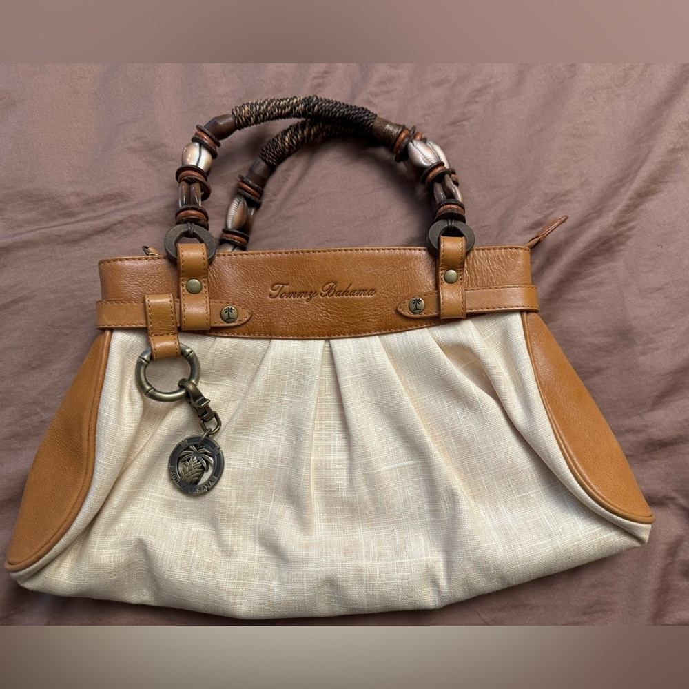Tommy Bahama Tan and Cream Satchel with Silver Accents